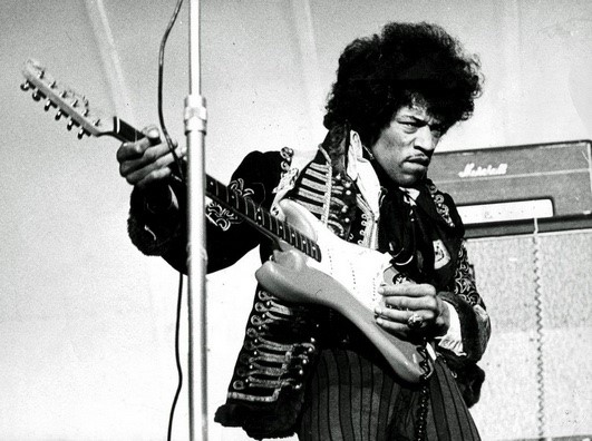 Jimi Hendrix at the amusement park Gröna Lund in Stockholm, Sweden, May 24, 1967;  photograph believed to be by Olle Wester